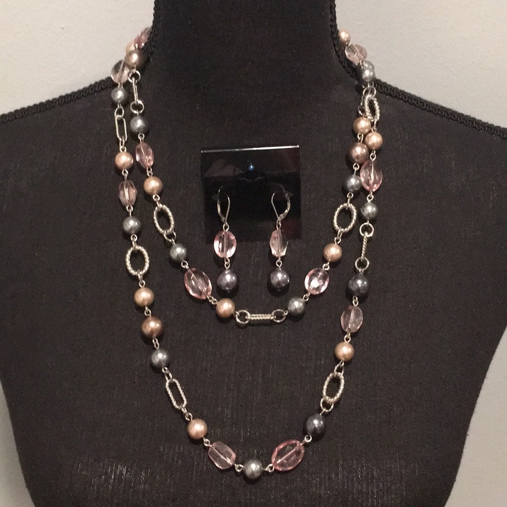 Premier Designs Pink & Gray Necklace and Earrings